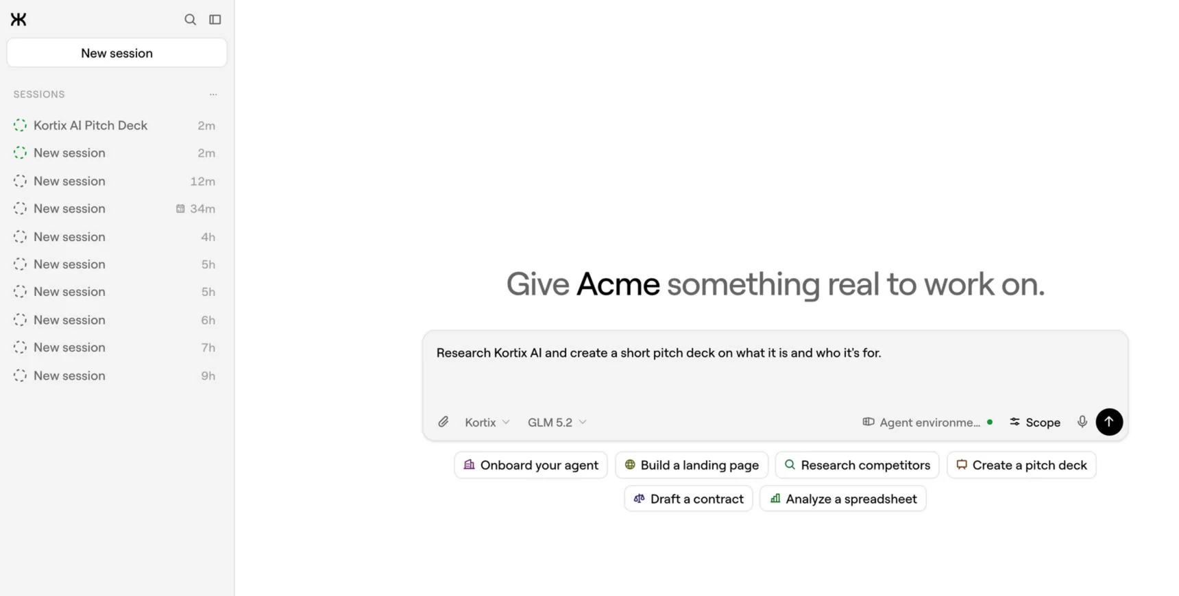 Screenshot, a Kortix session and its composer